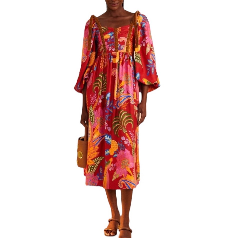 FARM Rio Red Multicolor Floral Puff-Sleeve Midi Dress